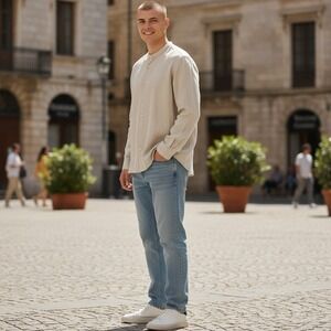 ZARA Shirt Large Men Linen Blend Band Collar Beige Button Up Long Sleeve